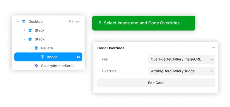 Framer layer tree: select Image inside Gallery, right panel Code Overrides set File = OverrideGetGalleryImageURL and Override = withBigHeroGalleryBridge.